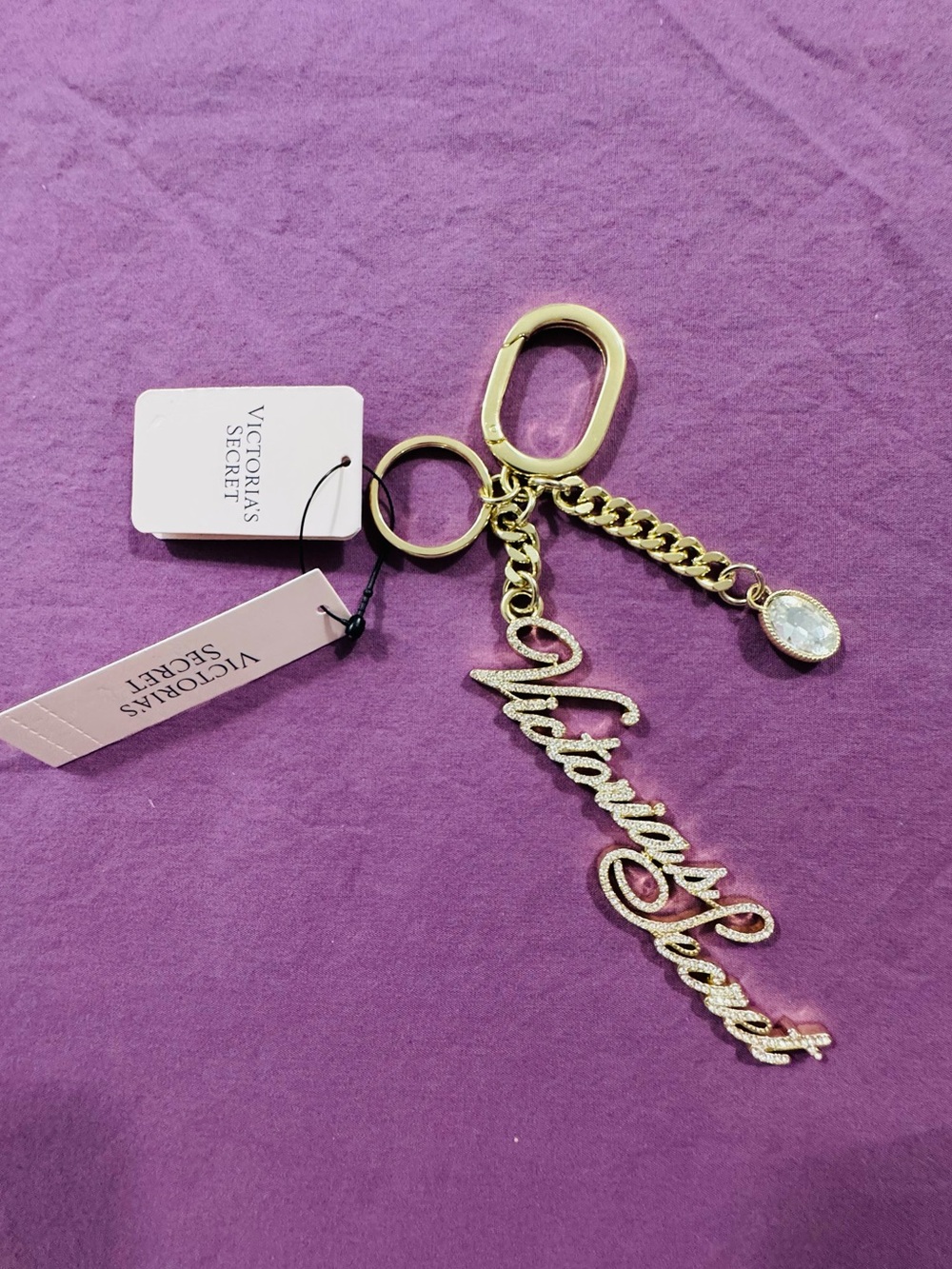 Victoria's Secret Diamanté Logo Bag Charm Keychain Gold NWT